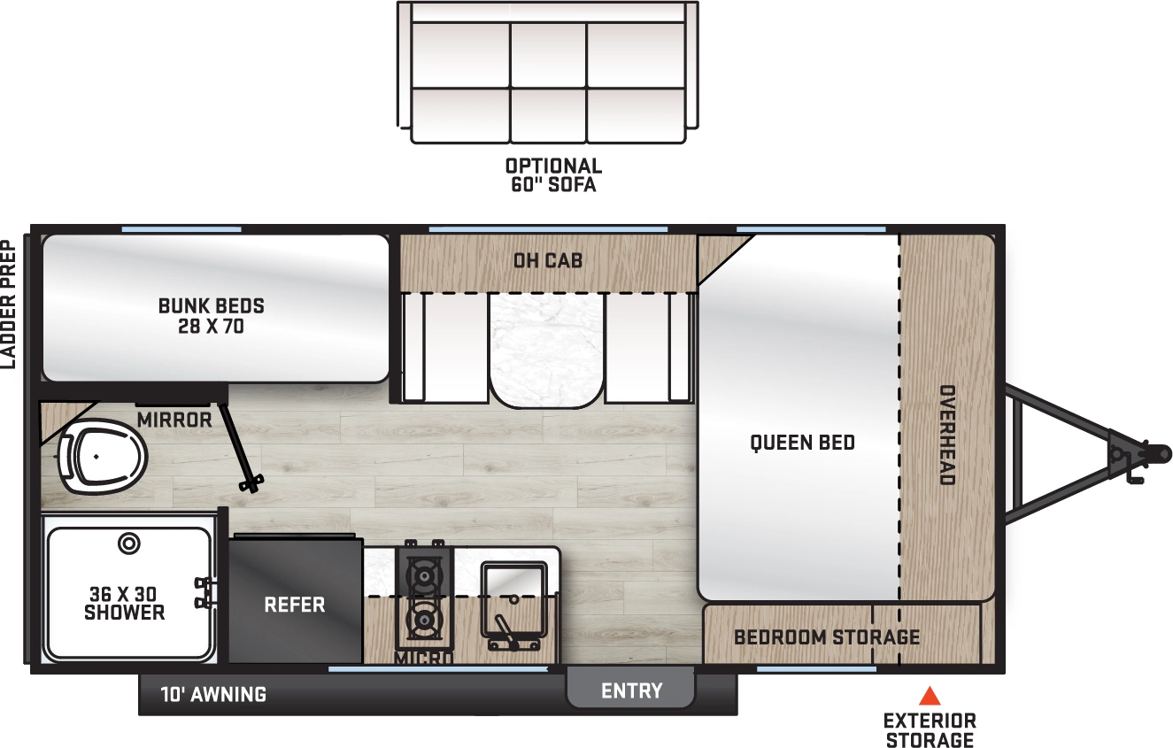 The Aurora 16BHX floorplan has one entry and zero slide outs. Exterior features include: metal exterior and 10' awning. Interiors features include: bunk beds and front bedroom.